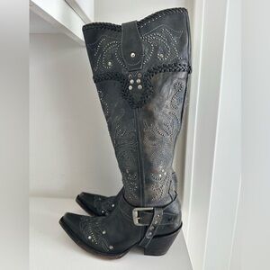 Corral Black Leather Studded Tall Cowboy Boots Women Size 7 Tooled Design